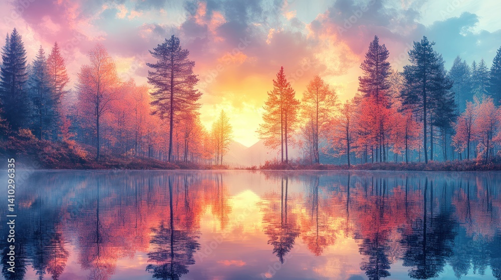 Autumn Sunrise over Misty Lake, trees reflecting in water Autumn Sunrise over Misty Lake, trees reflecting in water