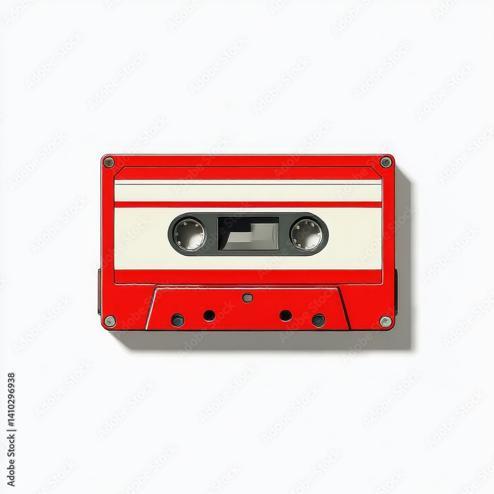 Fototapeta premium Red retro cassette tape isolated on white background studio