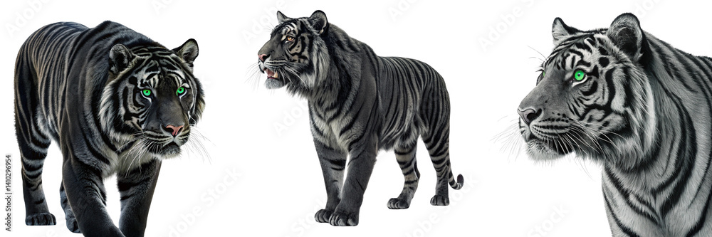 Obraz premium Set of a black tiger with green eyes isolated on a transparent background