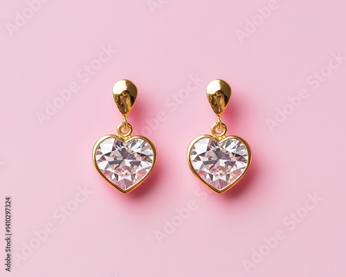 Heartshaped diamond drop earrings with a dangling charm, isolated on a pastel pink background