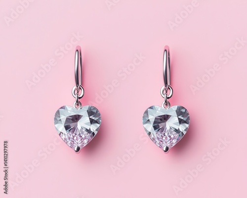 Heartshaped diamond drop earrings with a dangling charm, isolated on a pastel pink background