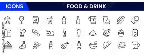 Food and drink web icons in line style. Meal, restaurant, dishes, fruits, fastfood, burger, pizza, coffee, sandwich, collection. Vector illustration.