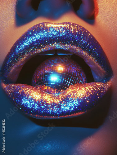 a pair of woman lips in metallic lip gloss, mouth wide open with a shiny disco mirror ball in between her lips. Dance Party theme concept