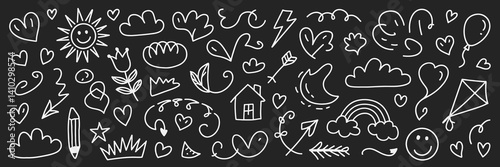 Hand-Drawn Doodle Background with Arrows, Hearts, Stars, Leaves, Sun, Clouds, and Flowers. Vector
illustration.