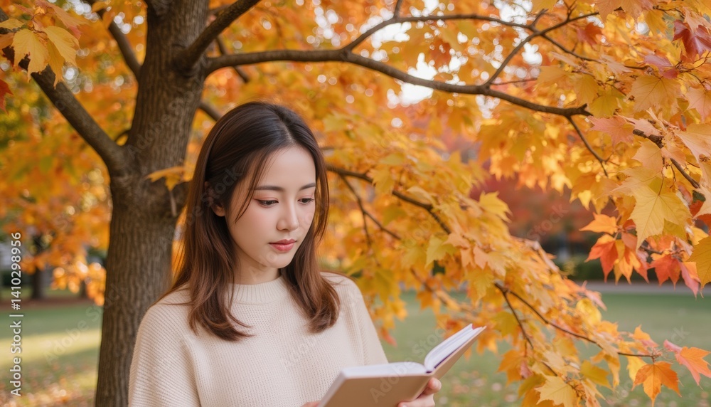 Fototapeta premium Young Woman Reading Book Under Vibrant Autumn Leaves in a Park Setting