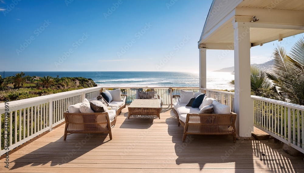 Fototapeta premium coastal inspired outdoor patio with relaxed seating and ocean views