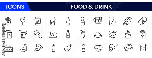 Food and drink web icons in line style. Meal, restaurant, dishes, fruits, fastfood, burger, pizza, coffee, sandwich, collection. Vector illustration.