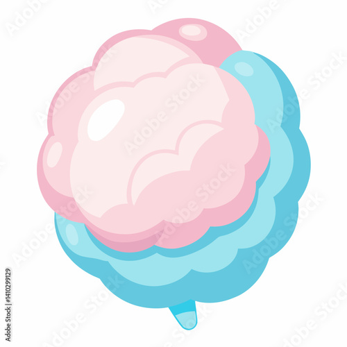 Colorful cotton candy in pink and blue hues, fluffy and light, served on a stick against a blurred background.
