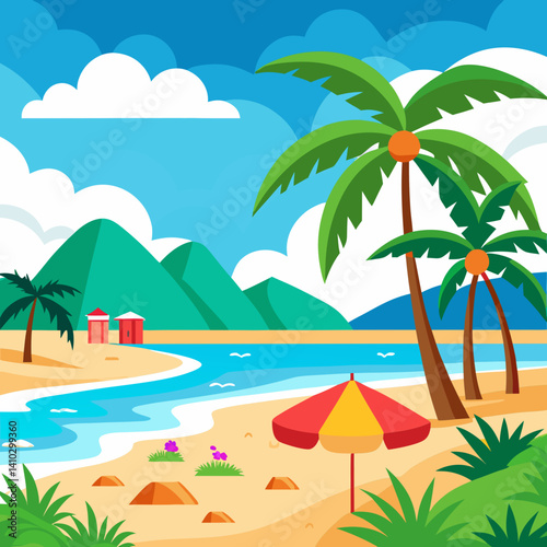 Beach landscape with palm trees and colorful umbrella