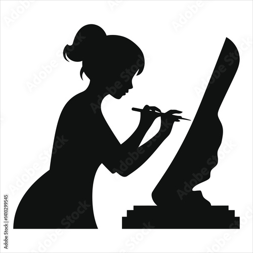 Silhouette of a Woman Sculpting a Face/A focused silhouette of a woman meticulously sculpting a face on a piece of art.