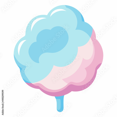 Colorful cotton candy in pink and blue hues, fluffy and light, served on a stick against a blurred background.