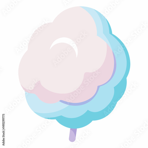 Colorful cotton candy in pink and blue hues, fluffy and light, served on a stick against a blurred background.