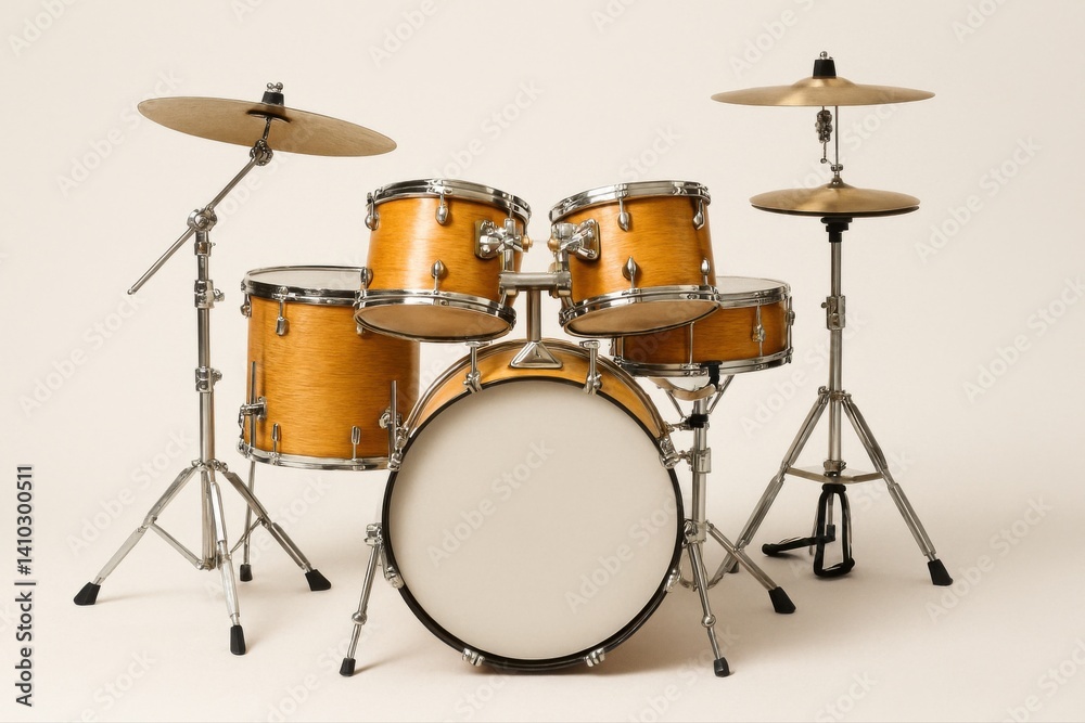 a five-piece acoustic drum set with a natural wood finish and chrome hardware. a five-piece acoustic drum set with a natural wood finish and chrome hardware.