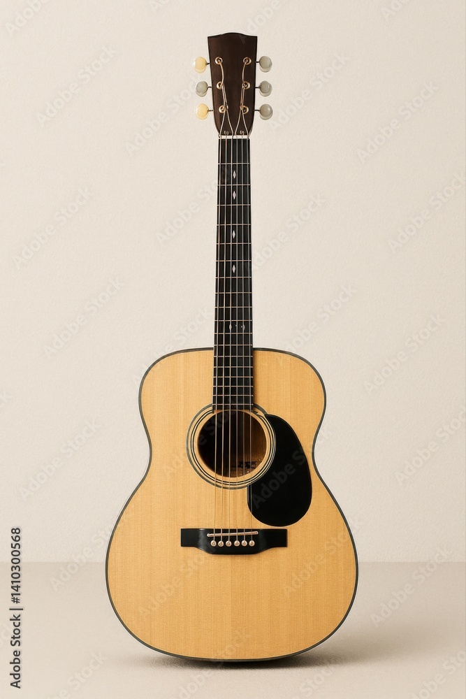 Naklejka premium an acoustic guitar standing upright against a neutral background.