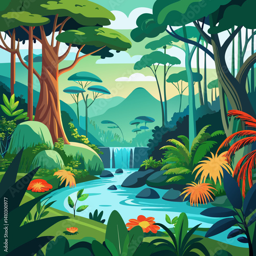 Rainforest illustration with vibrant plants and a waterfall backdrop