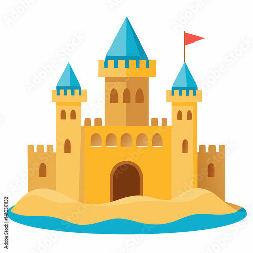 Sandcastle icon on a beach with blue waves and yellow sand