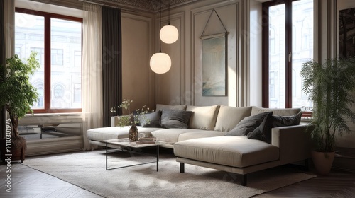 Beige sectional sofa with dark gray throw pillows in a bright, modern living room with large windows and two globe pendant lights.