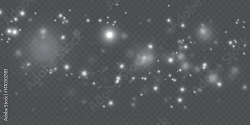 White sparkles glitter special light effect. Vector sparkle on transparent background. Christmas miniature drawing. Sparkling particles of magic dust