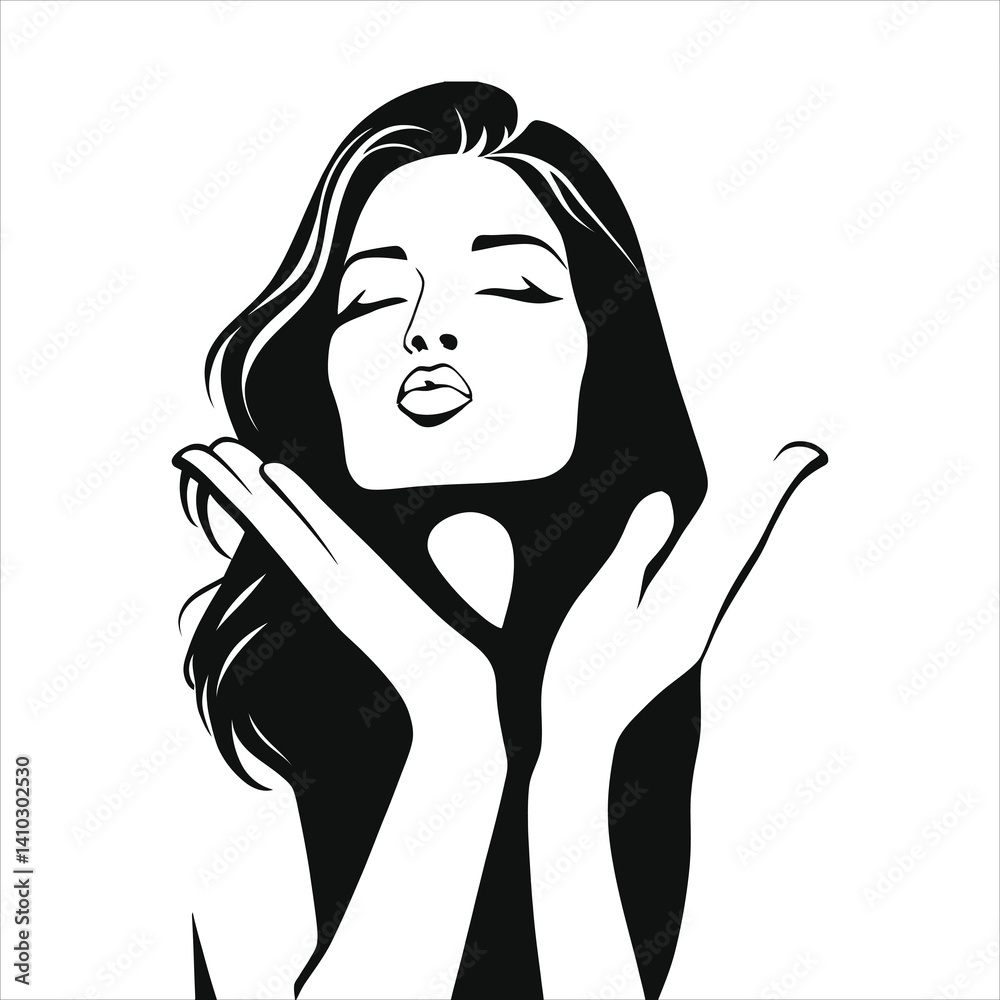 Elegant Black and White Portrait of a Woman with a Soft Expression/A striking black and white graphic portrait of a woman.