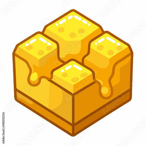 A honey cube topped with a drizzle of golden honey, placed on a wooden surface.