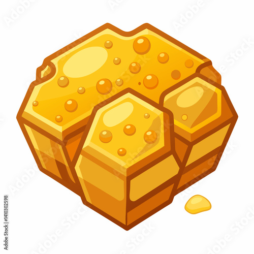 A honey cube topped with a drizzle of golden honey, placed on a wooden surface.