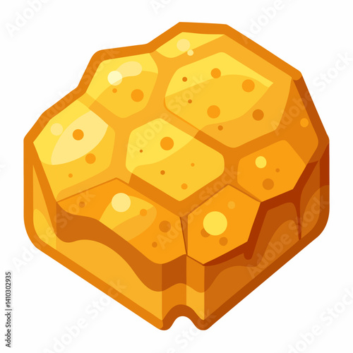 A honey cube topped with a drizzle of golden honey, placed on a wooden surface.