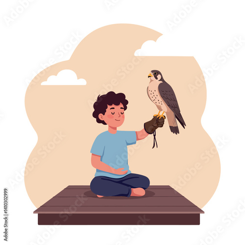 Young boy sitting cross-legged holding falcon on gloved hand outdoors minimal flat vector illustration