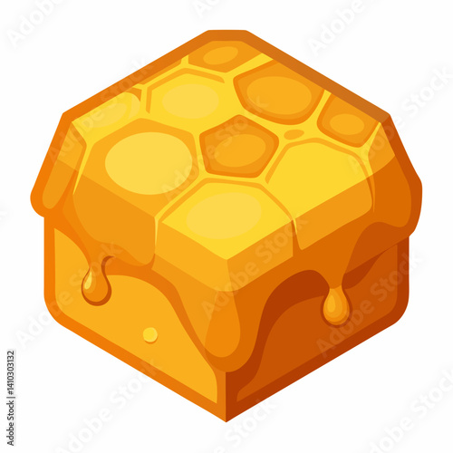 A honey cube topped with a drizzle of golden honey, placed on a wooden surface.