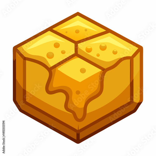 A honey cube topped with a drizzle of golden honey, placed on a wooden surface.