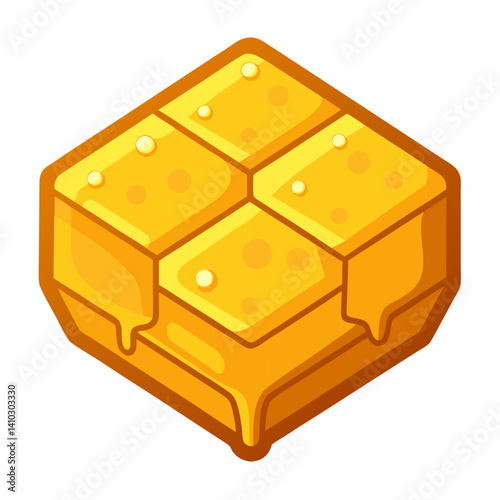 A honey cube topped with a drizzle of golden honey, placed on a wooden surface.