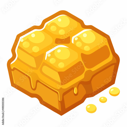 A honey cube topped with a drizzle of golden honey, placed on a wooden surface.