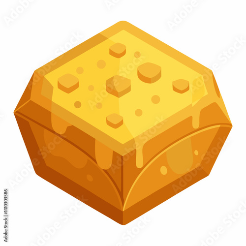 A honey cube topped with a drizzle of golden honey, placed on a wooden surface.