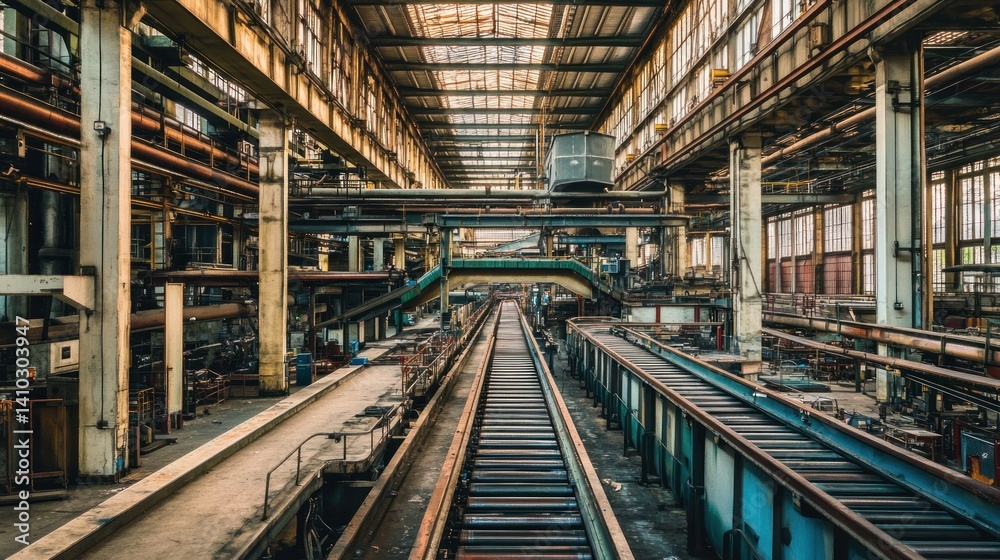 An expansive and detailed interior of a large industrial factory An expansive and detailed interior of a large industrial factory