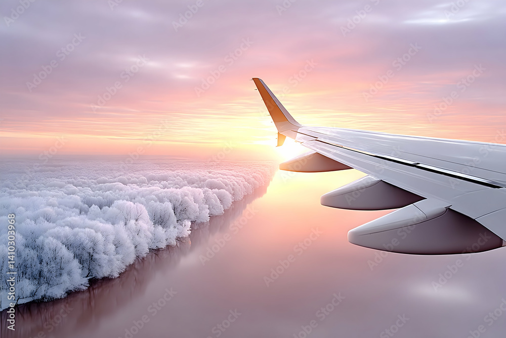 Obraz premium Airplane wing view above clouds at sunset