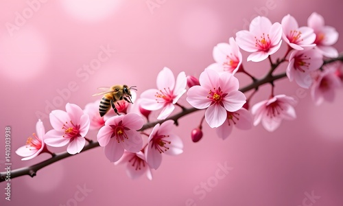 A bee gathers nectar from cherry blossoms.