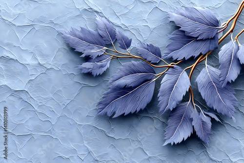 Elegant purple branch with leaves on textured blue background
