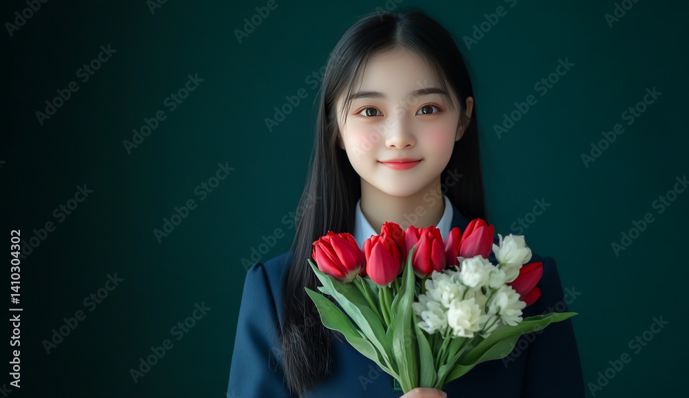 Portrait of a Beautiful Smiling Chinese Girl in High School Uniform Holding a Bouquet of Tulips Portrait of a Beautiful Smiling Chinese Girl in High School Uniform Holding a Bouquet of Tulips