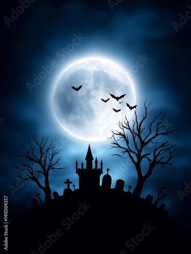 Spooky Graveyard Castle Under a Full Moon - A spooky Halloween scene with a haunted castle, graveyard, full moon, bats, and bare trees. Symbolizing mystery, darkness, death, the supernatural photo