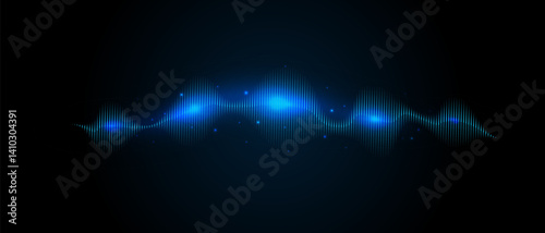 Blue neon sound wave on dark background, AI voice assistant visualization, Sound wave equalizer, Vector illustration.