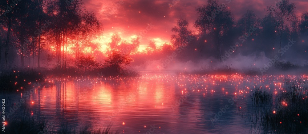 Enchanting Firelit Forest by a Glow Pond Enchanting Firelit Forest by a Glow Pond