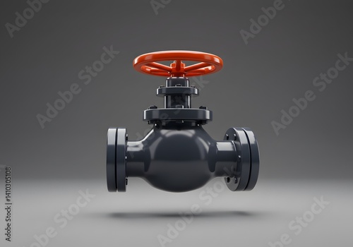Industrial Valve with Orange Wheel on Gray Background