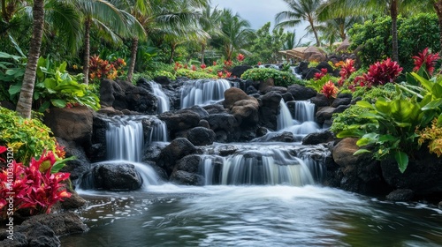Cascading water flows through lush vegetation and beautiful colorful flowers