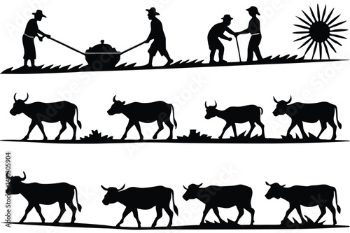 A farmer plowing a field with oxen or using a handheld plow — silhouette against stylized rising sun.