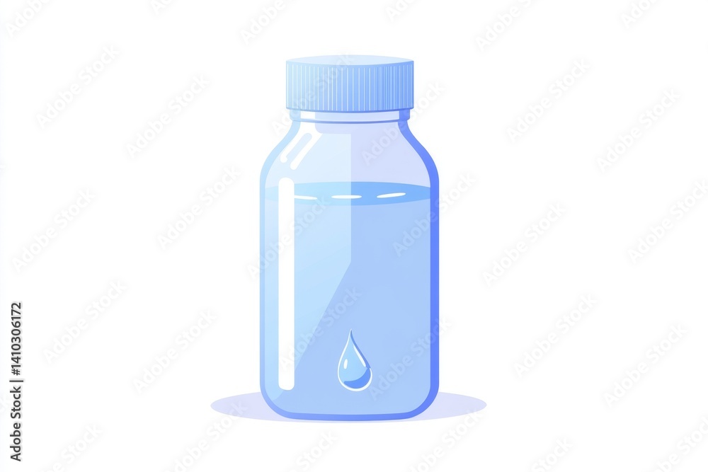A light blue glass bottle filled with water, a single drop of water beside it A light blue glass bottle filled with water, a single drop of water beside it