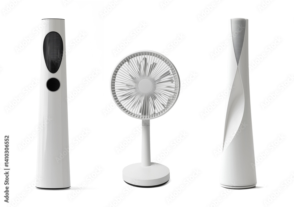 Collection set of modern standing white floor fans and tower fans isolated on white or transparent bakground, home comfort equipment in summer, png cut out