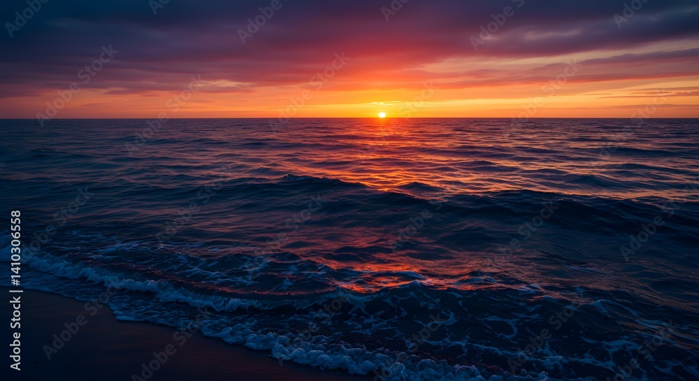 Fototapeta premium A stunning sunset over a calm ocean, with vibrant colors reflecting on the water's surface.