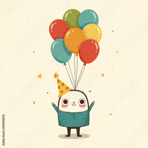Festive Character with Balloons at Birthday Party Against Cream Background