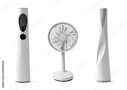 Obraz na płótnie Collection set of modern standing white floor fans and tower fans isolated on white or transparent bakground, home comfort equipment in summer, png cut out w salonie