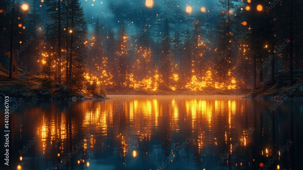 Magical forest fire reflecting on lake at night Magical forest fire reflecting on lake at night