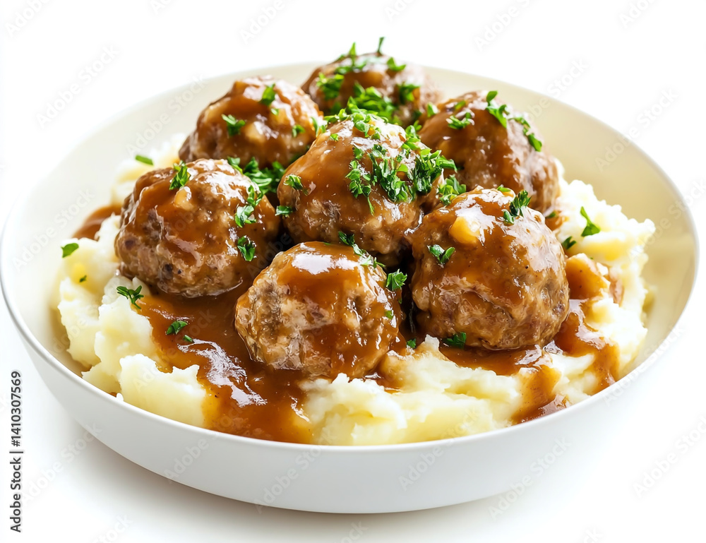 Swedish Meatballs with Brown Sauce and Melted Cheese on Mashed Potatoes Swedish Meatballs with Brown Sauce and Melted Cheese on Mashed Potatoes
